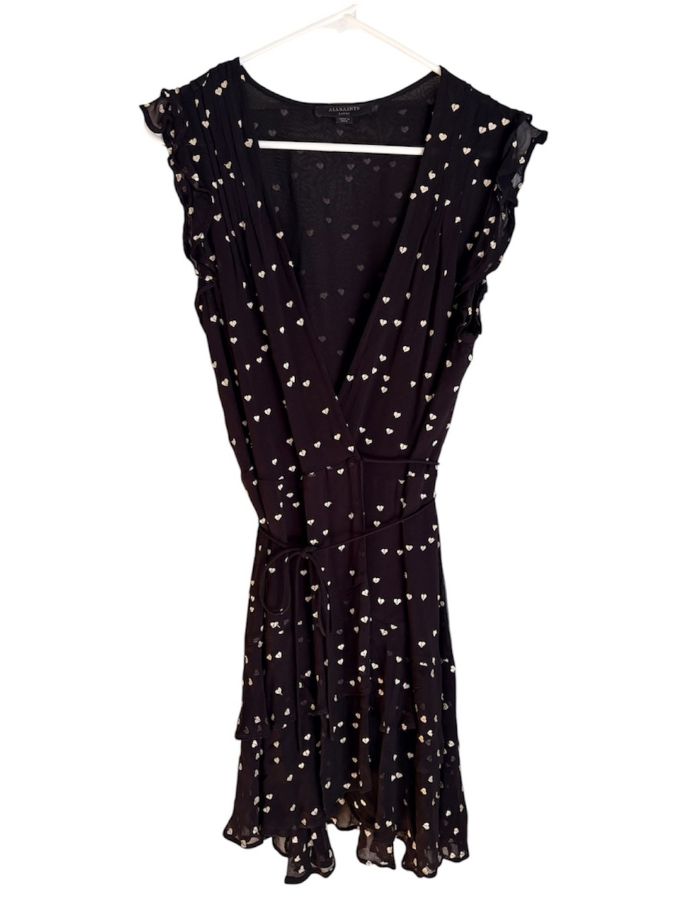 AllSaints Black Lana Embroidered Hearts Wrap Sleeveless Ruffle Dress Size L